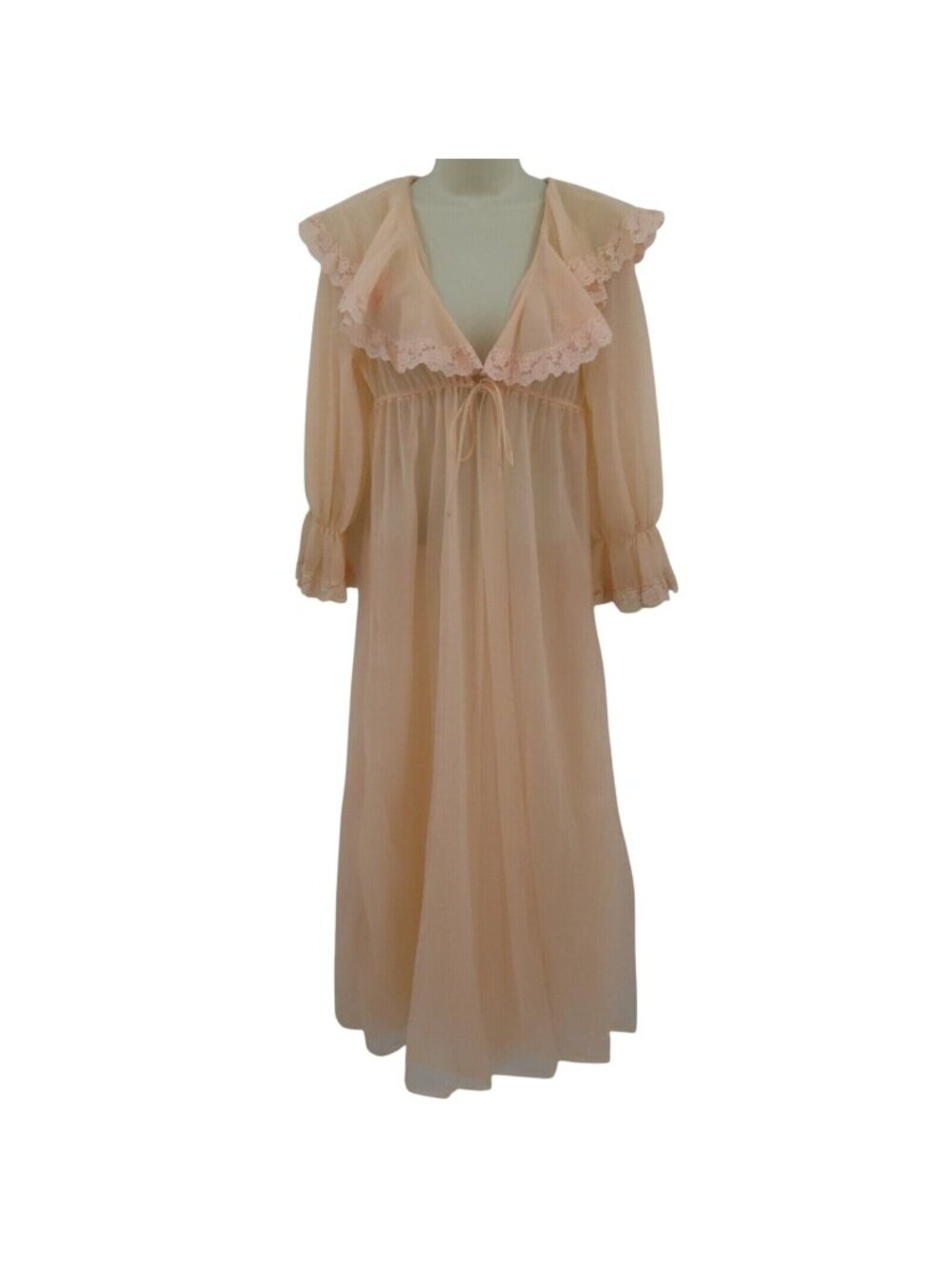 VTG Montgomery Ward Medium Orange Cream Sheer Lace Trim Peignoir Robe Bathrobe